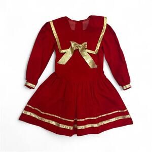 Vintage 1990s Red Gold Bow Dress Jo Lene Christmas Holiday Party